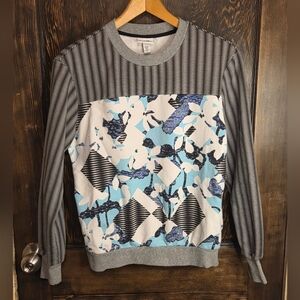 2013 Vintage Peter Pilotto Gray/Black w/Blue Floral & Geometric Crewneck Sweater